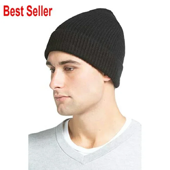 Men's 100% Pure Cashmere Ribbed Cuffed Hat Ultra Plush Classic